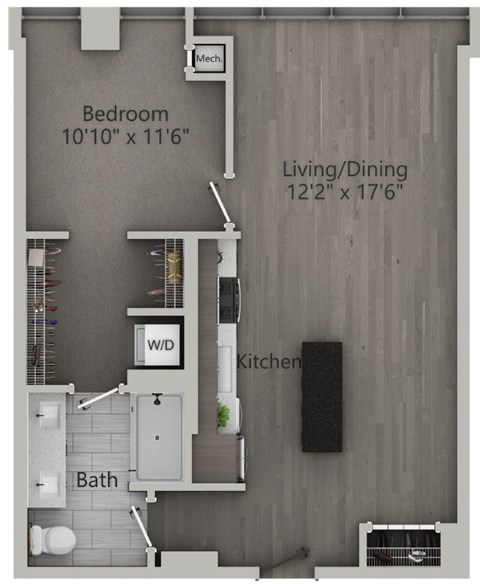 Floor plan for 1 bed, 1 bath, 740 sqft
